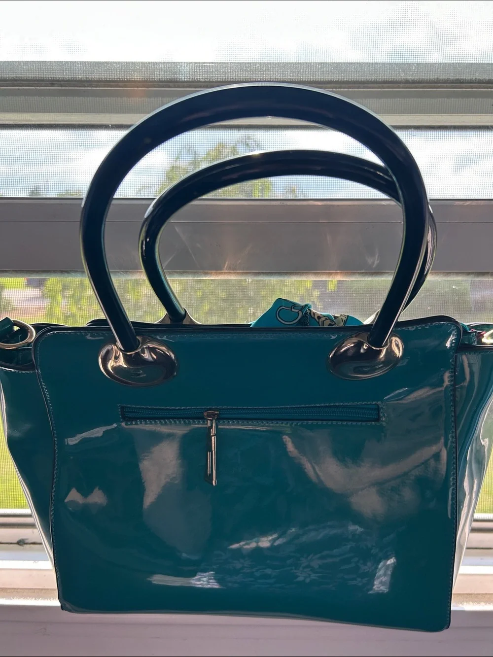Patent Teal Tote Bag with Scarf Accent
